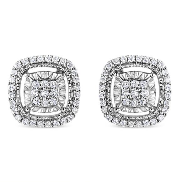 .925 Silver 1/4 Cttw Round-Cut Diamond Cluster in Square Frame Stud Earrings - Picture 1 of 5